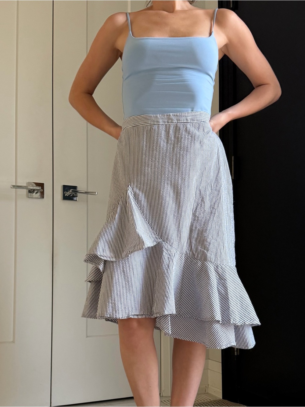 Banana Republic Light Blue Tank with Black-and-White Striped Ruffle Midi Skirt